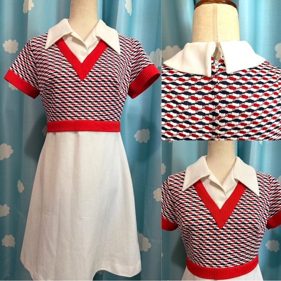 Vintage polyester fit n flare striped red, white, blue collared dress. - Picture 2 of 7